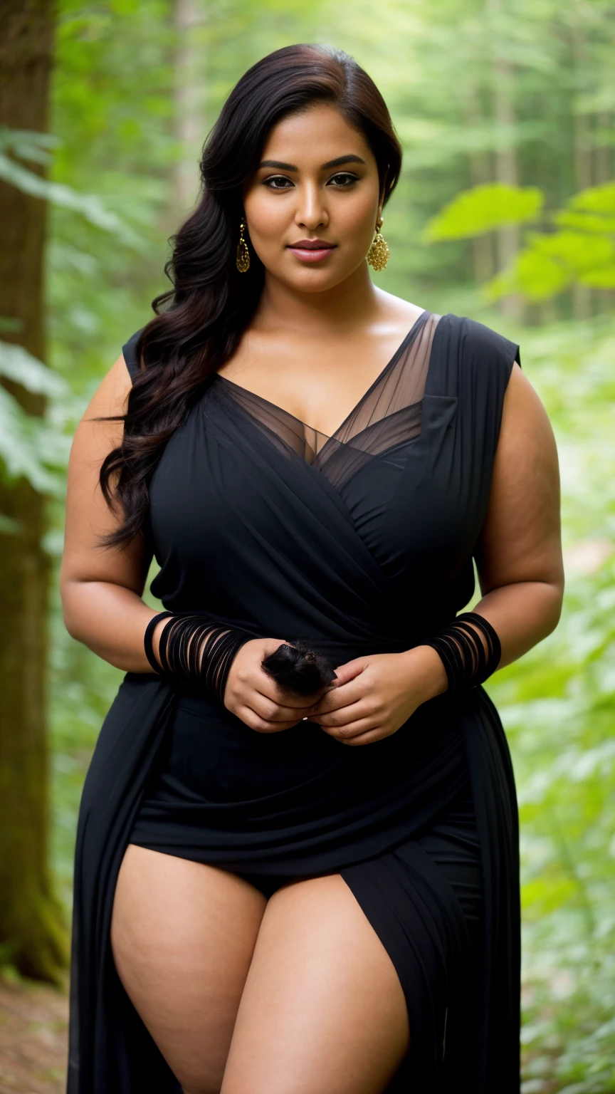 Indian beautiful woman sexy curvy plus size model wearing Black Beauty in Sari : Charm & Nature facing to camera in standing position, curvy plus size figure, big m-cup bulky breasts ,wearing Black Beauty in Sari : Charm & Nature, side bun hairstyle, bright eyes, thin eyebrows, fair skin, blushing cheeks, prefect , head to thigh view, beautiful nature background and location, head to thigh view