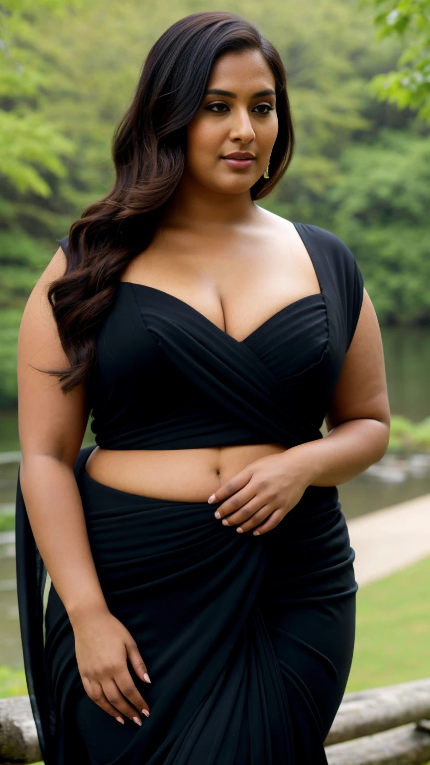Indian beautiful woman sexy curvy plus size model wearing Black Beauty in Sari : Charm & Nature facing to camera in standing position, curvy plus size figure, big m-cup bulky breasts ,wearing Black Beauty in Sari : Charm & Nature, side bun hairstyle, bright eyes, thin eyebrows, fair skin, blushing cheeks, prefect , head to thigh view, beautiful nature background and location, head to thigh view