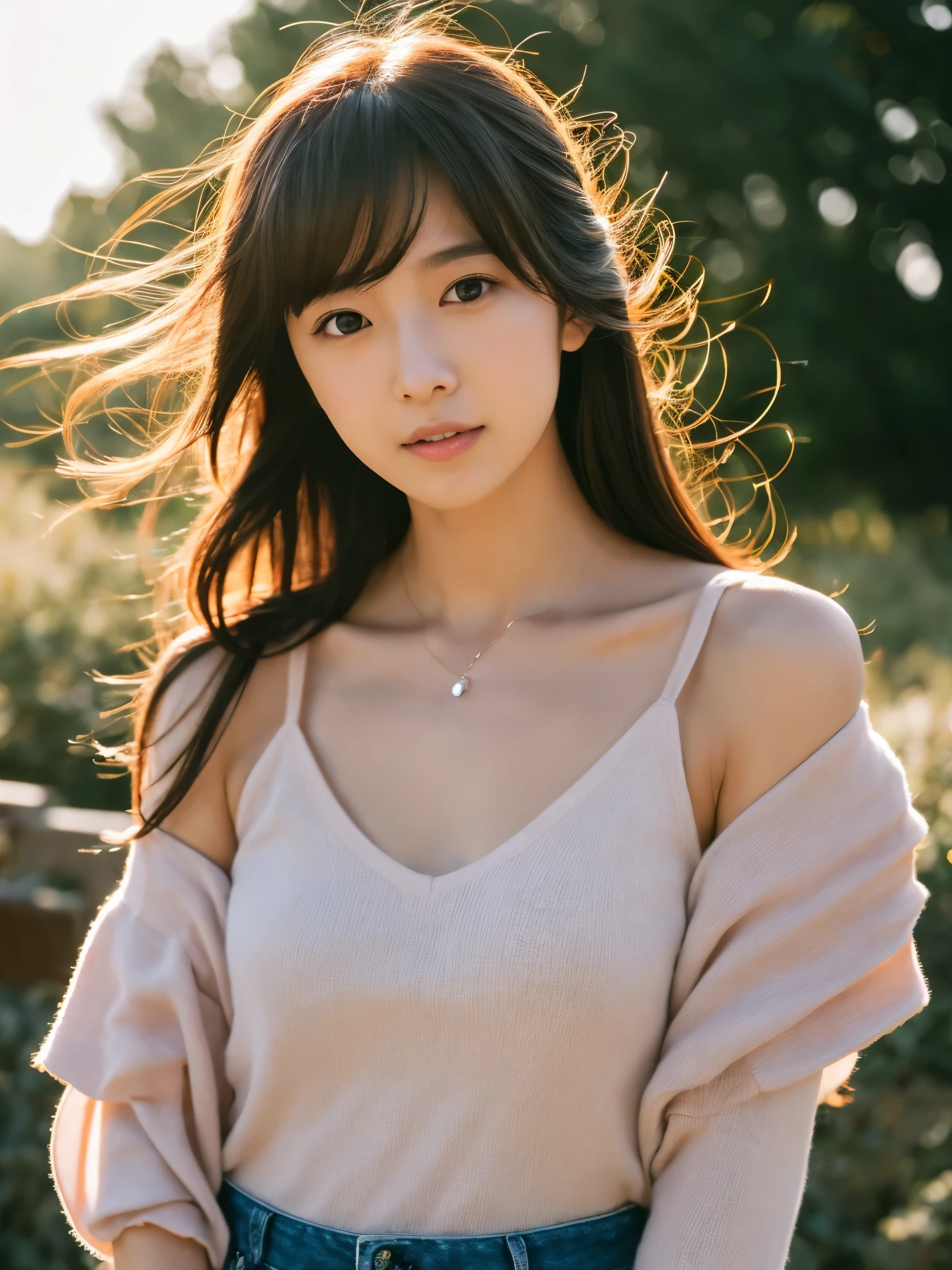 good hand,4k, high-res, masterpiece, best quality, head:1.3, (Japanese idol), finely detailed skin, sharp focus, (cinematic lighting), collarbone, morning, soft lighting, medium hair, dynamic angle, [:(detailed face:1.2):0.3], armpit crease, thigh gap, casual clothes, slender, outdoors