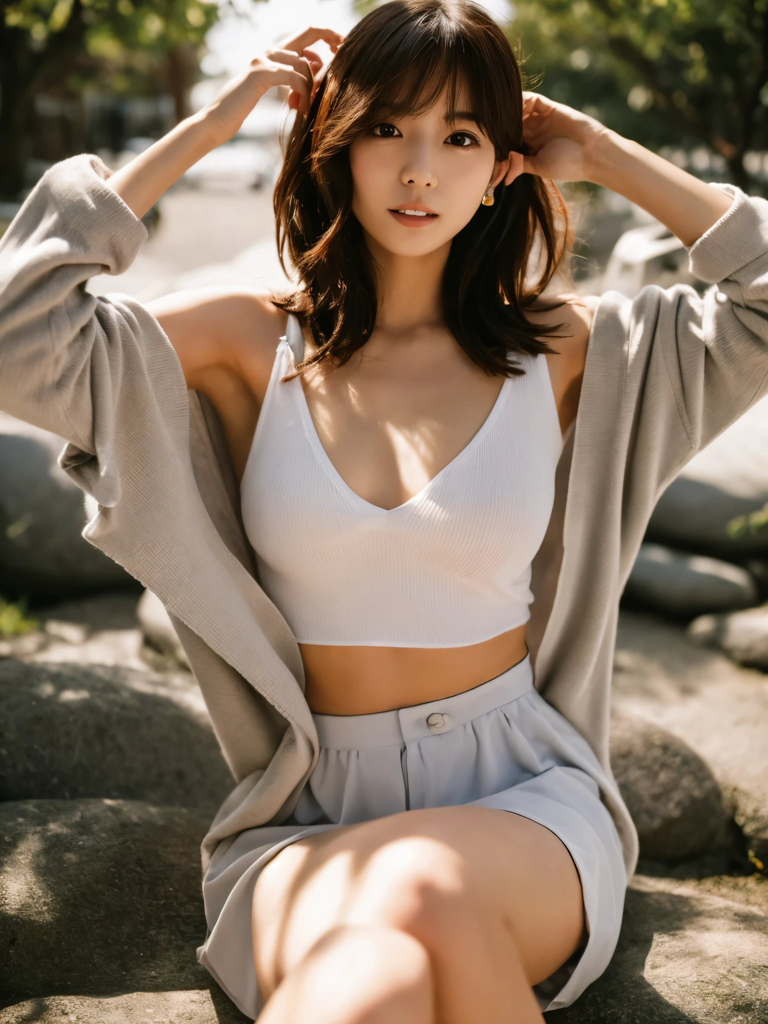 good hand,4k, high-res, masterpiece, best quality, head:1.3, (Japanese idol), finely detailed skin, sharp focus, (cinematic lighting), collarbone, morning, soft lighting, medium hair, dynamic angle, [:(detailed face:1.2):0.3], armpit crease, thigh gap, casual clothes, slender, outdoors