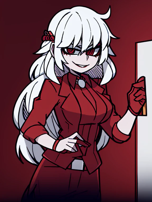 beautiful girl with long light gray hair with red eyes and red lips in a red robe, pleasant smile, mysterious look, sexy, Goddess
