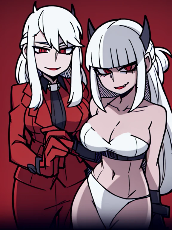 beautiful girl with long light gray hair with red eyes and red lips in a red robe, pleasant smile, mysterious look, sexy, Goddess