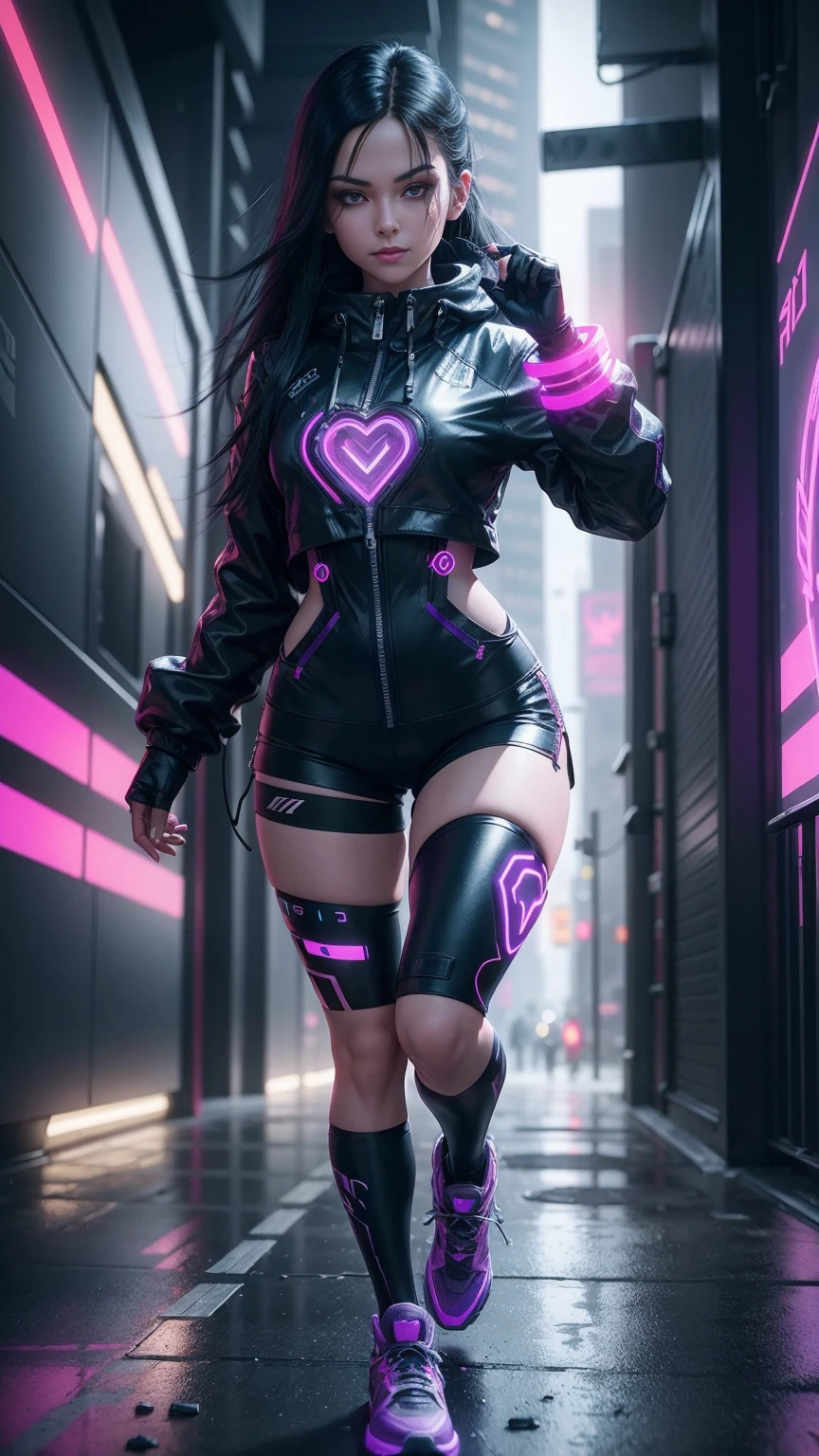 A portrait running along the Mirrors Edge, neon futura landscape with a young beautiful mature female Lady Moonlight with Long and black hair, silver eyes, Caucasian traits, wearing a black and purple cybernetic full body peacoat with shorts and shoes, Vigilante, hacker vibe, netrunner, badass, running, with a cocky smile, smirk, holding a cyber neon Holographic Heart, 4K, 3d Octane render, cinematic lighting, Dynamic, Ray Tracing, bloom, 50mm.