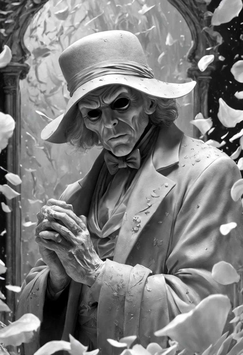 close-up, Ebenezer Scrooge, ghost of the past, ghost of the present and ghost of the future. In a surreal monochrome world, a mysterious figure wearing a porcelain mask stands among a swirling storm of broken mirrors and floating petals., hyper-detailed, sharp focus, studio photo, intricate detail, high detail, trends on artstation, sharp focus, studio photo, intricate details, high detail, Style by Nikas Safronov, Henry Asencio,