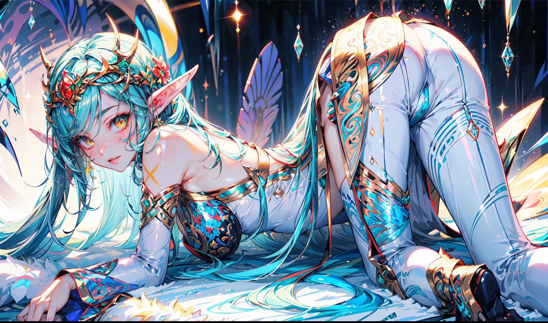 (full body image of an ice elf:1.2),(prone on a fluffy bed),full body, medium length elf ears, pointy ears,ice around, frosty theme,exotic pose, seductive body, lay down, (prone in a sexy way,showing the nice ass:1.3),( shiny yellow eyes:1.2), light smile,sexy Russian style costume, Blue crystal jewelry, icy blue glowing tattoos,Detailed,Realistic,4k highly detail,by Mappa studios,masterpiece,best quality,official art,illustration,ligne claire,(cool_color),perfect composition,fantasy,focused,rule of thirds 