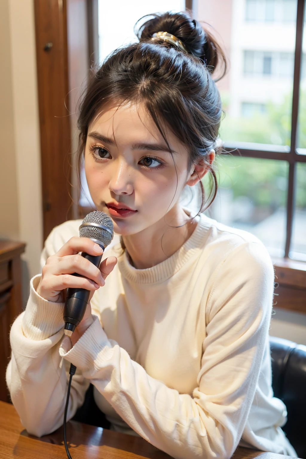 ((best quality)), ((masterpiece)), (detailed), Background in the office,A cute dog,Female natural shy face,Talking with a microphone in hand,long sleeve work,Hair tied up