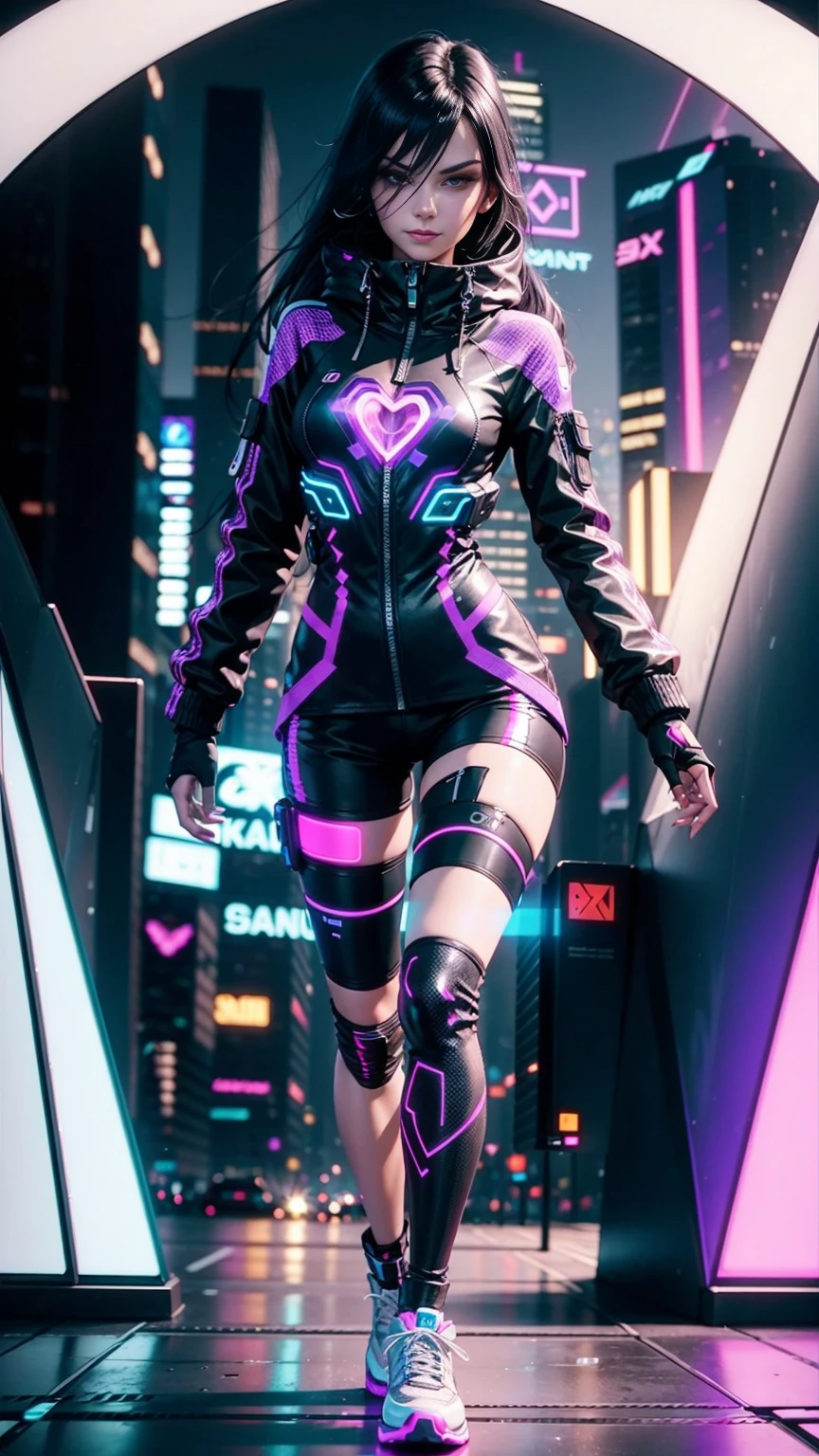 A portrait running along the Mirrors Edge, neon futura landscape with a young beautiful mature female Lady Moonlight with Long and black hair, silver eyes, Caucasian traits, wearing a black and purple cybernetic full body peacoat with shorts and shoes, Vigilante, hacker vibe, netrunner, badass, running, with a cocky smile, smirk, holding a cyber neon Holographic Heart, 4K, 3d Octane render, cinematic lighting, Dynamic, Ray Tracing, bloom, 50mm.