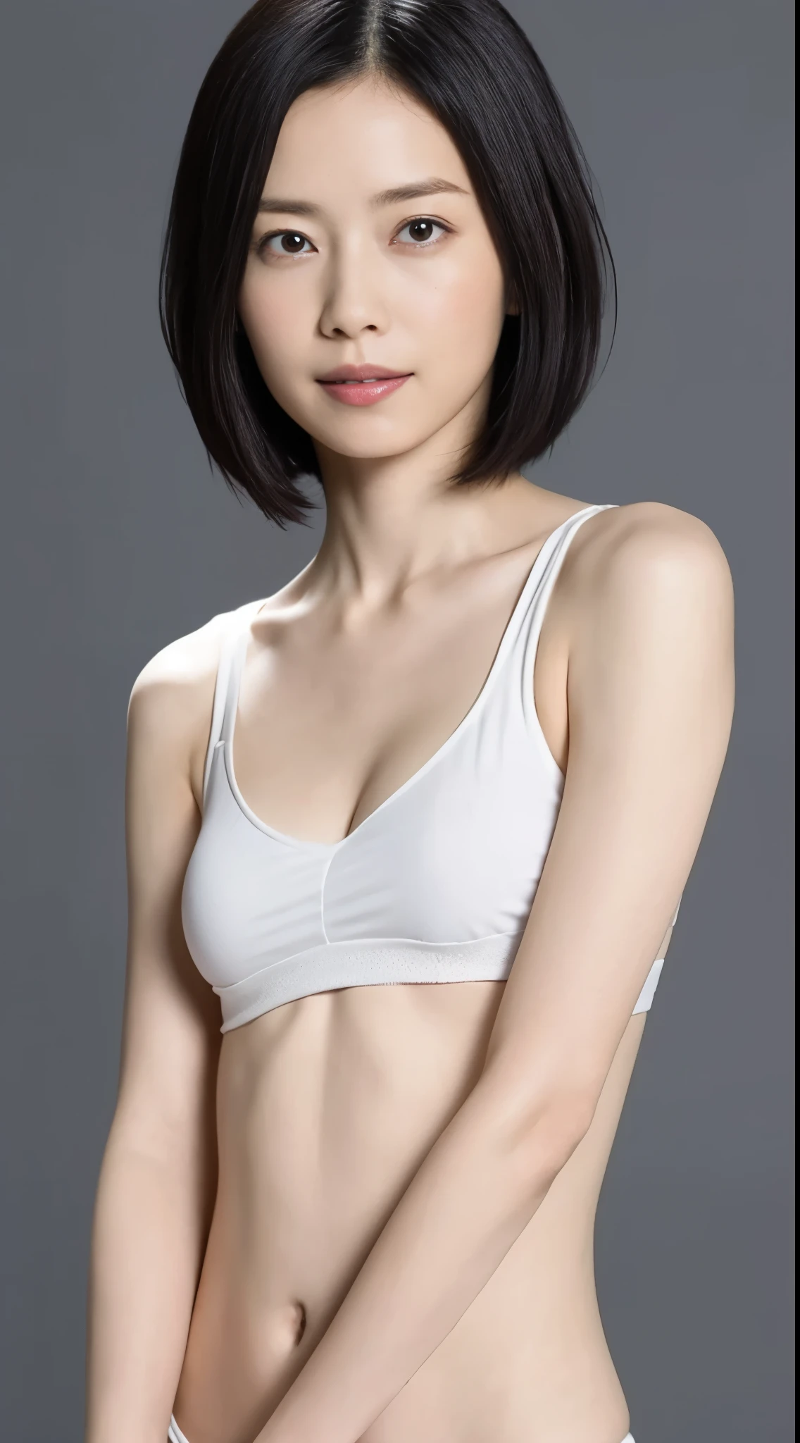 Japanese, Women of short stature, petite physique, Medium build, medium height, slightly plump, Short arms, single eyelid, long slit eyes, Ephemeral atmosphere, 30-year-old girl, black bob hair, ((thin lips)), white top and bottom underwear, muste piece, best quality, detailed skin, detailed eyes, ,8K, good anatomy, upper body portrait