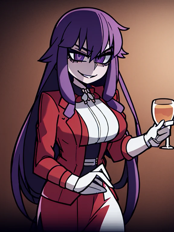 beautiful girl with long purple hair with purple eyes with purple lips in a purple robe, pleasant smile, mysterious look, sexy, Goddess