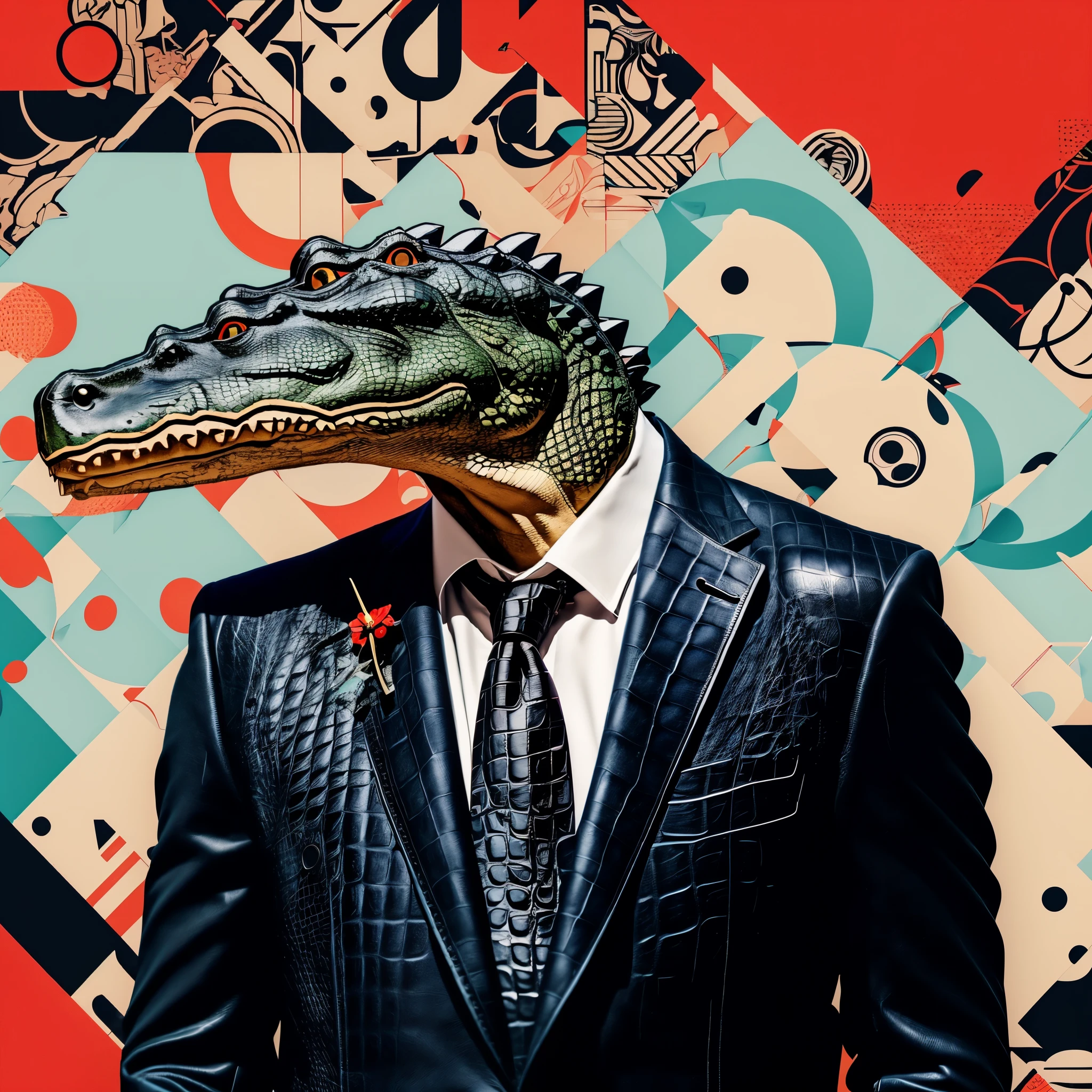 (((Man body and head of a crocodile))), furry Crocodile, Best quality, very high resolution, Detailed 4K CG, masterpiece, Red eyes, (((monocle))), крокодил носит monocle, Formal attire, suit, shirt with jacket, ((tie)), red abstract background, high contrast, modernism, and minimalism, magazine cover without text, can be solved, High quality, ((head in profile)), perfect anatomy, correct anatomy, perfect proportions, alligator, Abstract portrait painting, vector design in comic style, Retro future 1950s, retro drawing, many patterns, a lot of details, Pop art, Cinematic color scheme