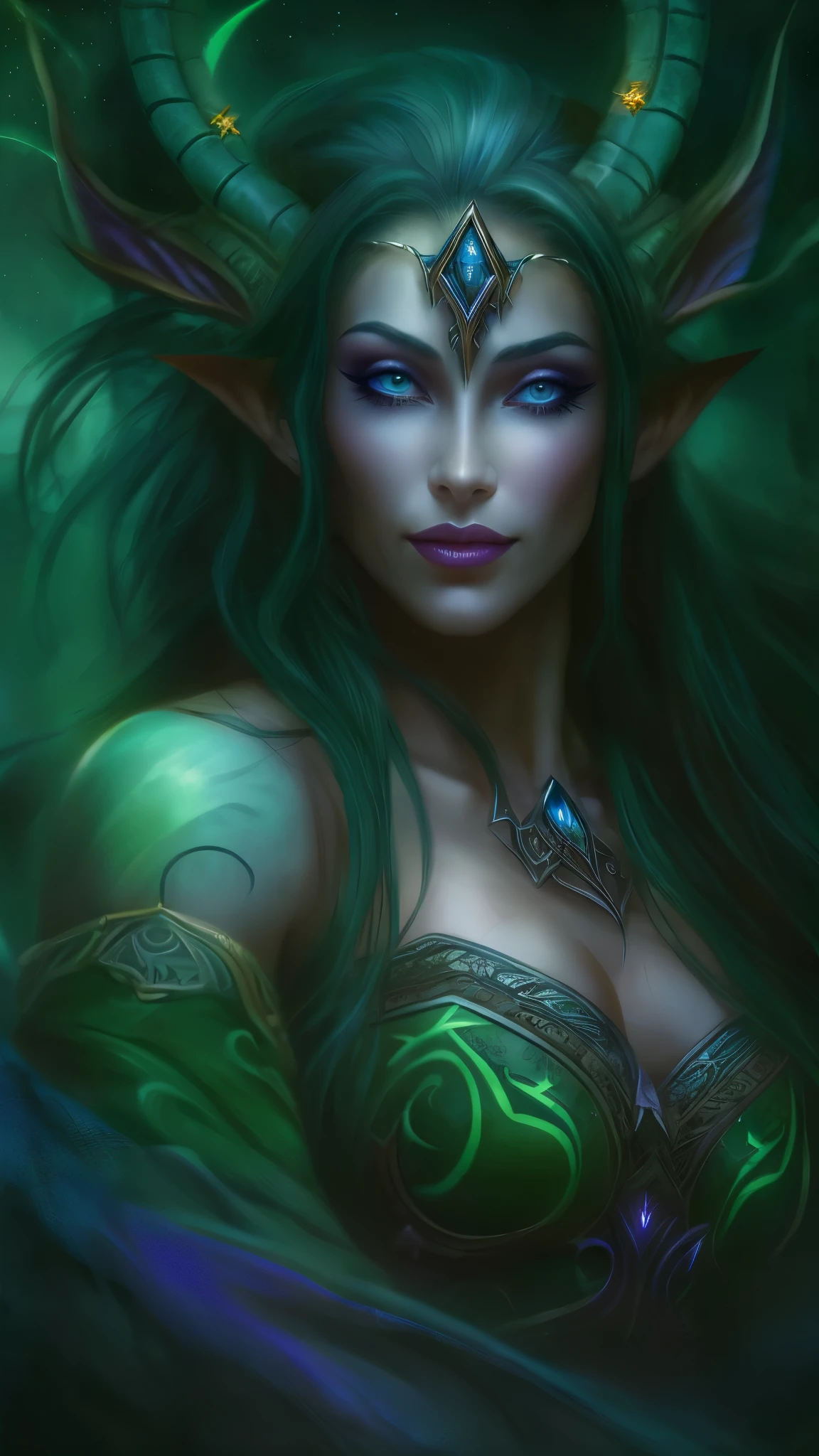 (((Masterpiece, high quality)))), first quality, elf, long hair loose and black, green eyes, short battle armor in gold and black detail, large bow on his golden and emerald green head, in a light green forest, butterflies shining, large roots of trees ((cinematic light))