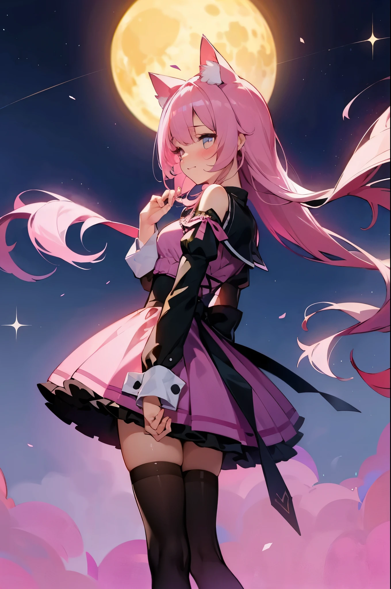 One sweet girl with pink cat ears and a cute outfit stands before a mesmerizing background of stars and a full moon. She shyly looks away, wearing black stockings that add an alluring touch to her outfit. Embarrassed, she keeps her mouth shut as a gentle breeze plays with her ears, causing her to blush softly.