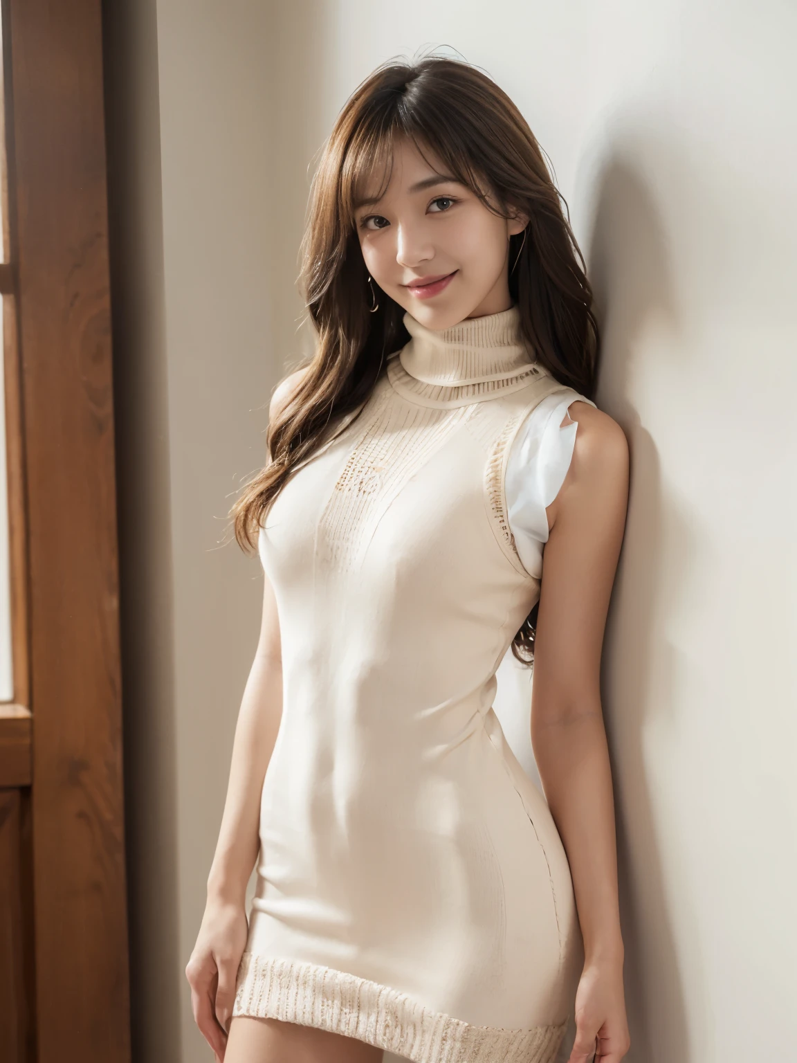 ((((highest quality))))、(((Ultra-precision CG16K wallpaper)))、(((masterpiece)))、(((Super detailed)))、(((super extreme details)))、１people&#39;s women、mature woman、25 year old woman、((Japanese face))、((very beautiful face))、((Minami Tanaka:1.5))、((Soft wave semi-long hair:1.3))、(shiny hair)、bangs up to eyebrows、beautiful brown hair、beautiful delicate eyes、brown eyes、raised eyebrows、high nose、small nostrils、small mouth、seductive lips、mouth slightly open、beautiful breasts、C cup size breasts、plump body、perfect proportions、perfect anatomy、perfect composition、beautiful detailed shading、beautiful natural lighting、beautiful detail glow、Depth of bounds written、(((High chroma)))、(((real:1.9)))、((vivid:1.4))、((beautiful skin))、((skin texture))、((realな皮膚感))、(((cowboy shot:1.5)))、((Angle seen from the front:1.5))、((smile:1.4))、(Eyes looking at me:1.4)、bright sunshine、(((white wall:1.3)))、(standing pose:1.5)、(((Beige high neck sleeveless rib knit one-piece dress:1.5)))、