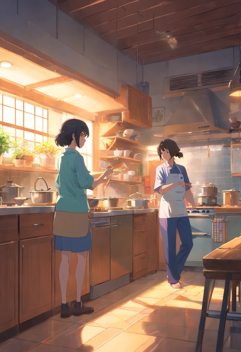 (best quality, masterpiece:1.2), cozy kitchen scene of a Korean couple, a woman cooking and a man lovingly embracing her from behind. Detailed facial features of the woman and the man, as well as their expressions, should be included. The kitchen should have realistic lighting and vibrant colors. The woman's cooking utensils and ingredients should be visible, adding to the overall detailed and immersive atmosphere of the scene.