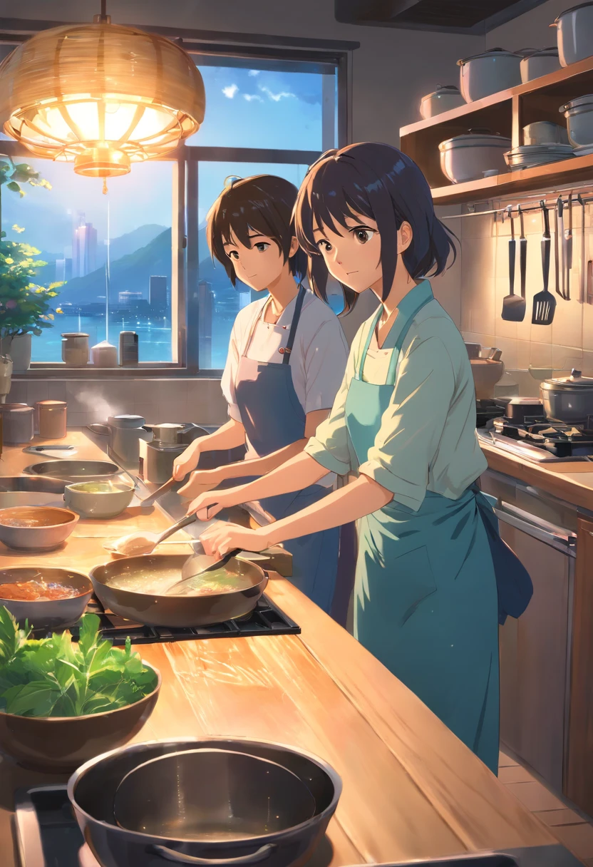 (best quality, masterpiece:1.2), cozy kitchen scene of a Korean couple, a woman cooking and a man lovingly embracing her from behind. Detailed facial features of the woman and the man, as well as their expressions, should be included. The kitchen should have realistic lighting and vibrant colors. The woman's cooking utensils and ingredients should be visible, adding to the overall detailed and immersive atmosphere of the scene.