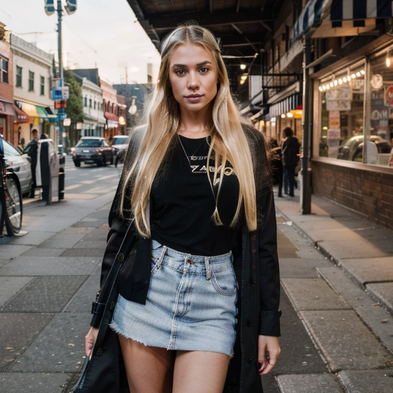 Photo sony a7iii 50 mm. Background town new York. Fashion girl 26 years old. Wearing modern fashion by 2023 year. Blonde, long hair, shatush.