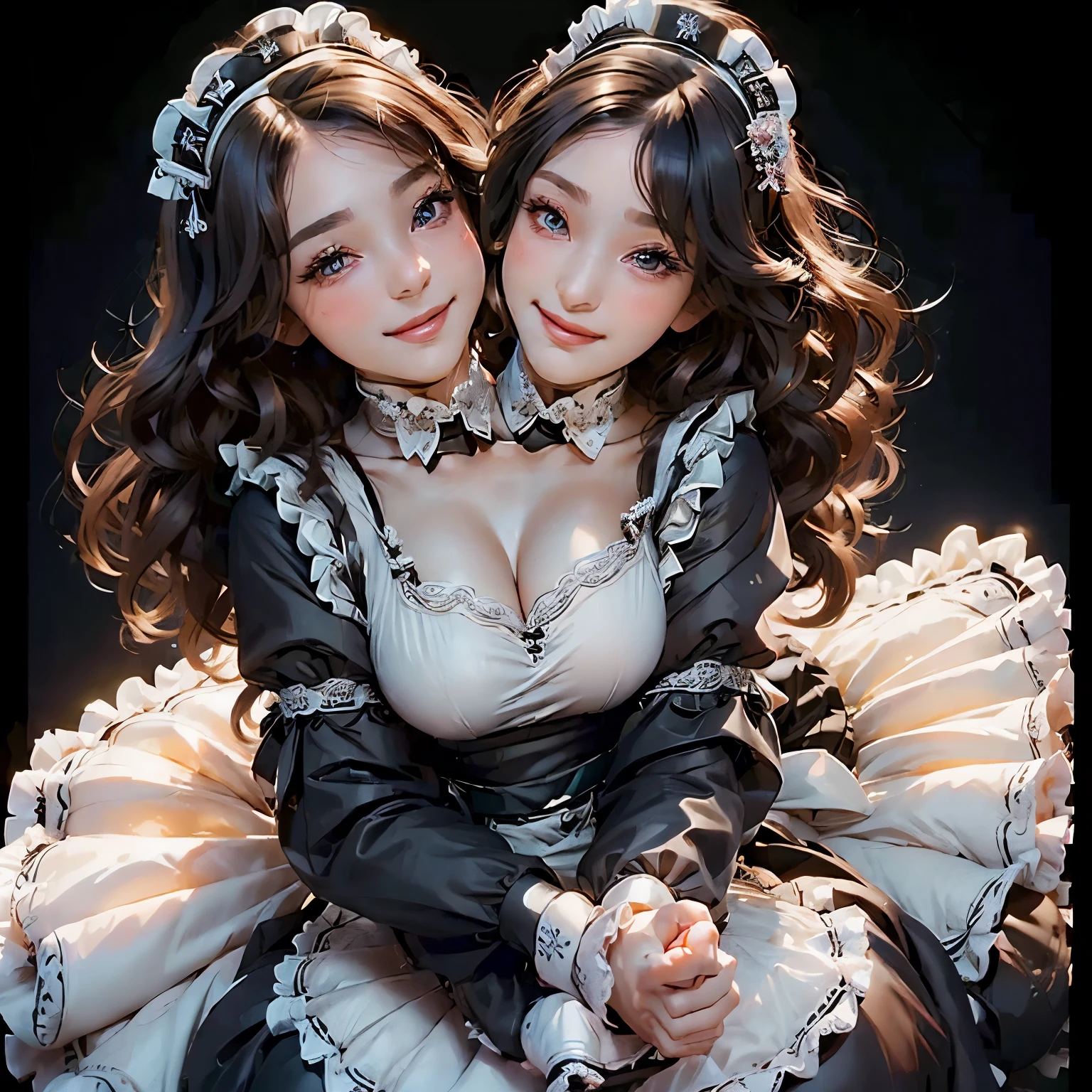 ((beautiful maid:1.5),high resolution, top quality),wearing maid's uniform,soft hands, big bright eyes, dark and vibrant curled hair, sweet smile, rosy cheeks, soft light, pure white background. (Two heads)