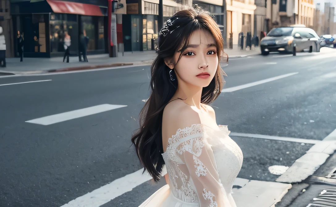 (best quality, 8k, lace long dress,street, Highly detailed facial and skin textures, exquisite eyes, double eyelids)
