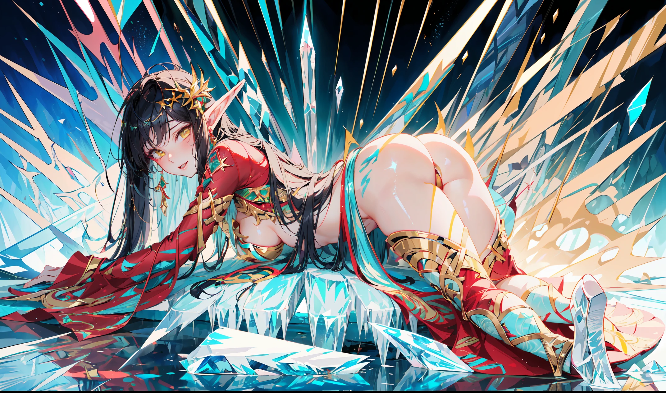 (full body image of an ice elf:1.2),(prone on a fluffy bed),full body, medium length elf ears, pointy ears,ice around, frosty theme,exotic pose, seductive body, lay down, (prone in a sexy way,showing the nice ass:1.3),( shiny yellow eyes:1.2), light smile,sexy Russian style costume, Blue crystal jewelry, icy blue glowing tattoos,Detailed,Realistic,4k highly detail,by Mappa studios,masterpiece,best quality,official art,illustration,ligne claire,(cool_color),perfect composition,fantasy,focused,rule of third,5
