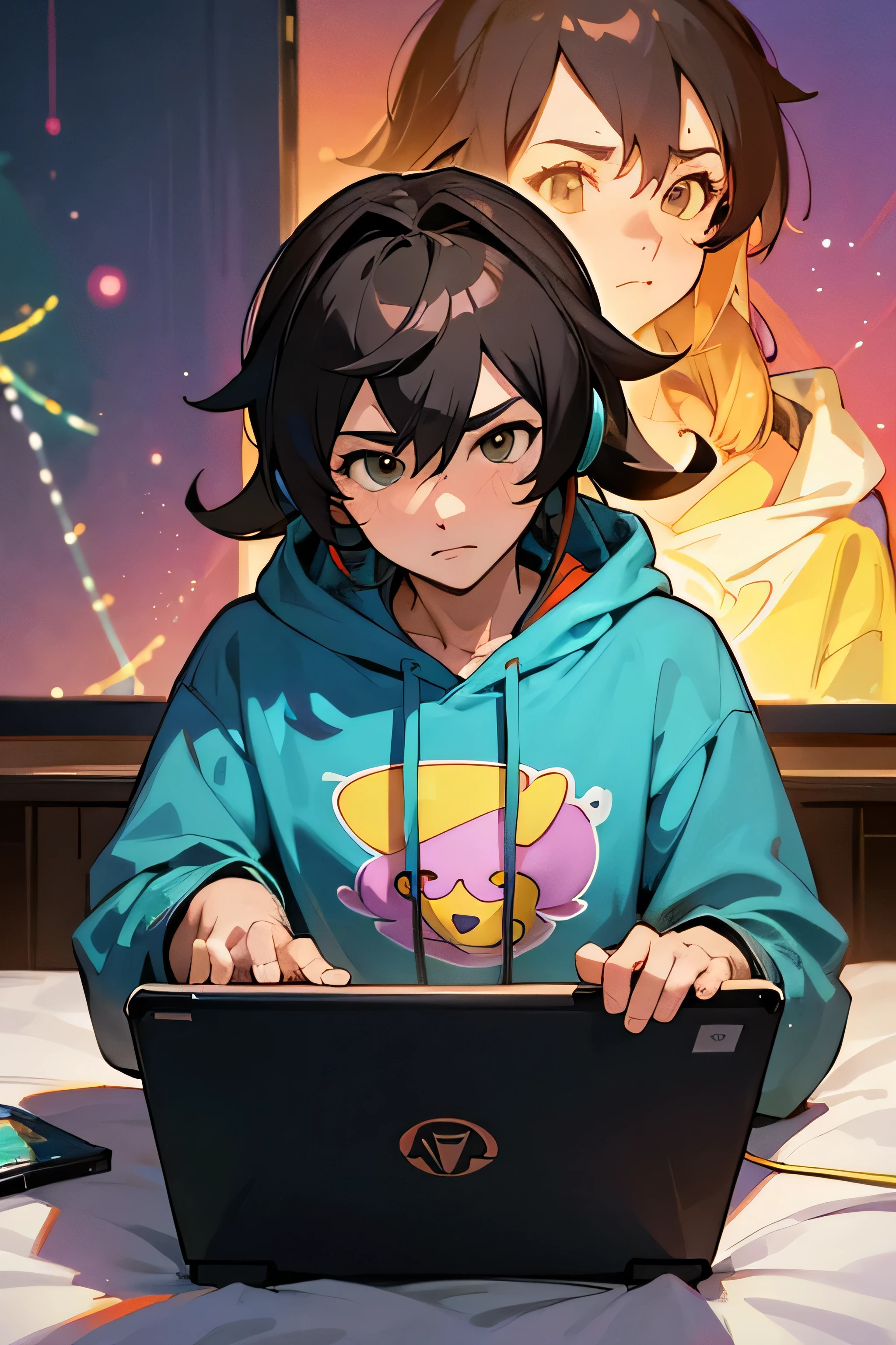 8k photo portrait of a stunning man with dark hair in a pastel hoodie wearing headphones, working on a laptop, sitting on his bed in his cozy messy big room with lots of string lights at night, highly detailed, studio ghibli, akira toriyama, james gilleard, genshin impact, trending pixiv fanbox, acrylic palette knife, 4k, vibrant colors, zoom out