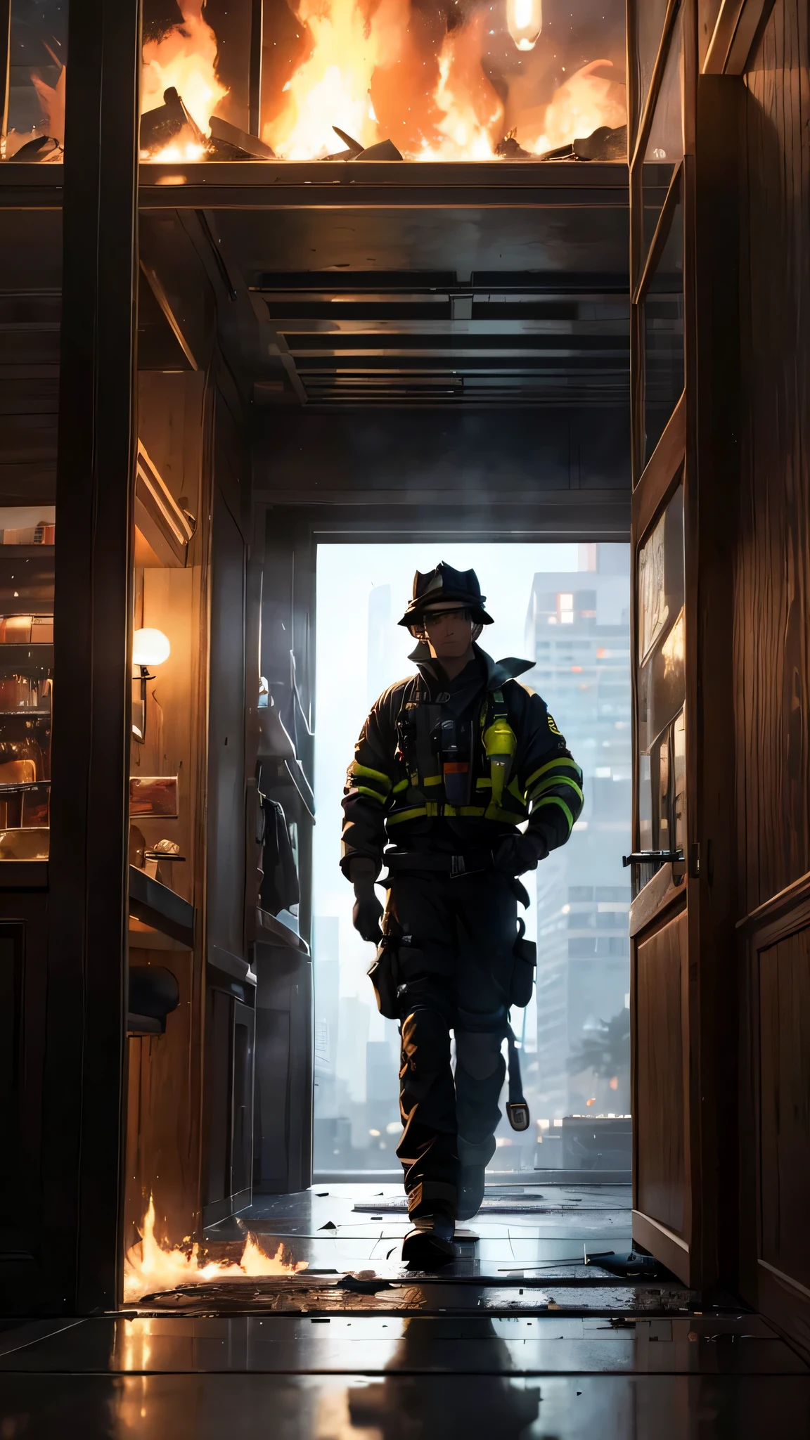 (Horizontal light and shadow, ultra high definition, higher, super detailed,masterpiece,many details),((modern city night,1.2)),Firefighters stand at the door of the western restaurant,Western restaurant explodes and catches fire,panoramic