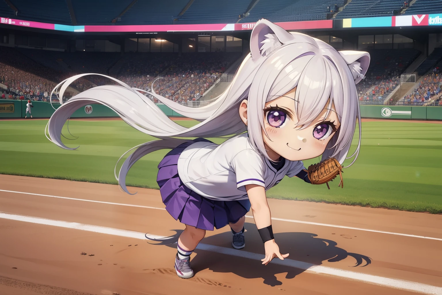 ((chibi:1.5)), (masterpiece), (best quality), high resolution, ultra detail, photorealistic, 8K
BREAK
1girl, cute girl, glowing purple eyes, beautiful purple eyes, beautiful eyes, white hair, long hair, straight hair, white tiger ears, smiling
BREAK
female baseball player, baseball uniform, white shirt, playing baseball, leaning forward, Sprinting, baseball Ground