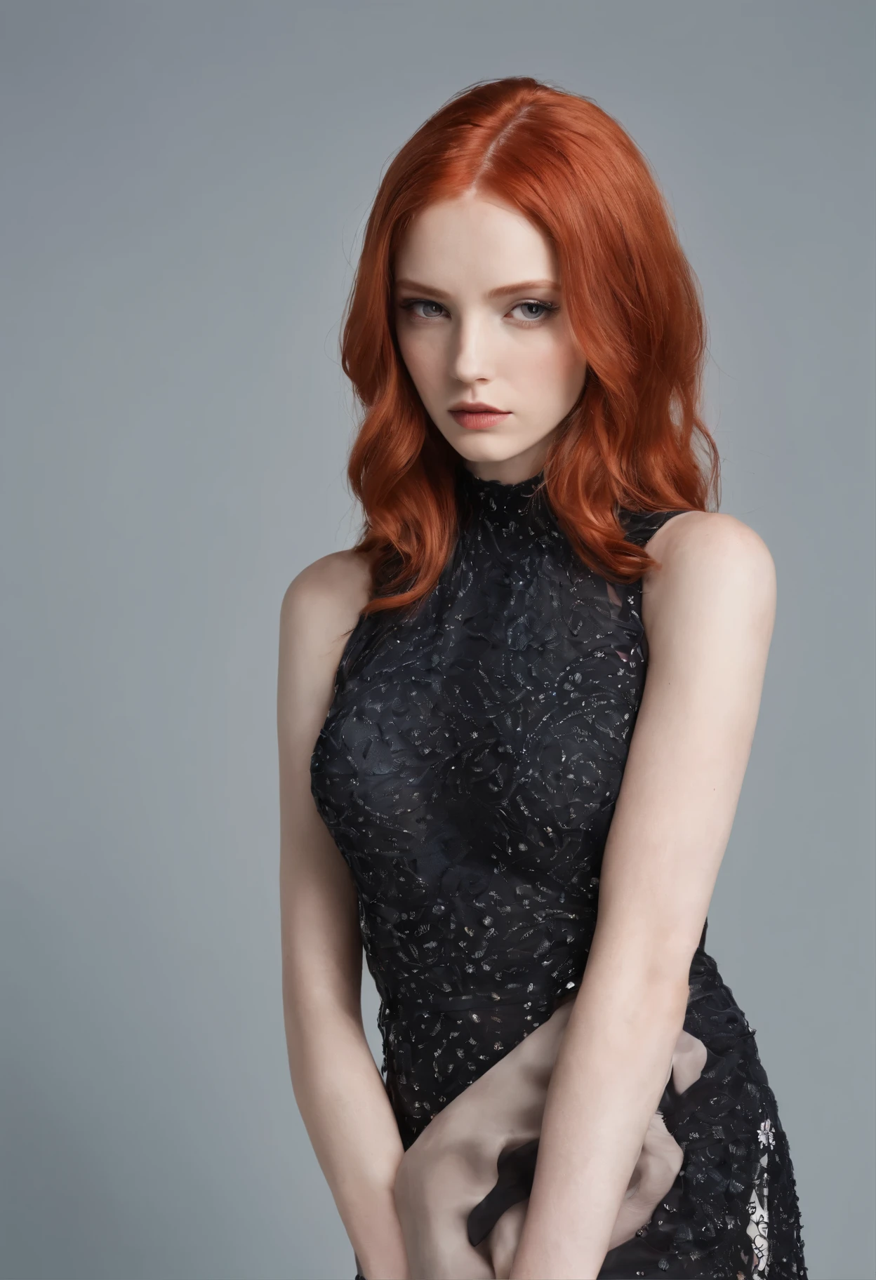 Detailed photo of a red-haired girl, model appearance, with perfect body shapes 90-60-90.