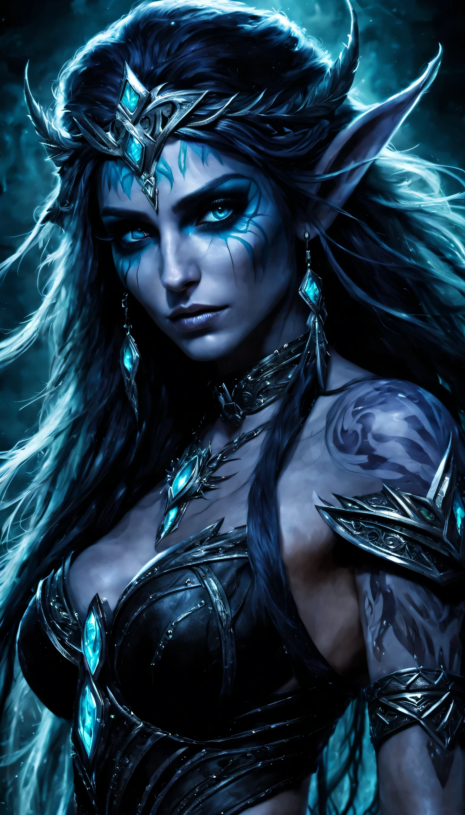 (((Tyrande whisperwind World of warcraft))), close-up, (((dark tones))), (((black filter))), (((realistic scene of everyday life))), (((nighttime))), (dark outside), Luis Royo-style illustration of a beautiful striking figure, (((slim frame that exudes confidence and resilience))), intricate full sleeve tattoo, (tetradic color combination), 32k resolution, best quality, gaze into the camera, white light. (((fully clothed))), dynamic pose, smug smile