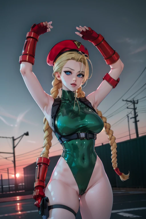 masterpiece, best quality, highres, 1girl, cammy white, twin braids, long hair, blonde hair, antenna hair, beret, (red headwear:1.3), blue eyes, scar on cheek, green leotard, large breasts, sleeveless, red gloves, fingerless gloves, camouflage, cowboy shot, standing, outdoors, arms at sides, straight-on,