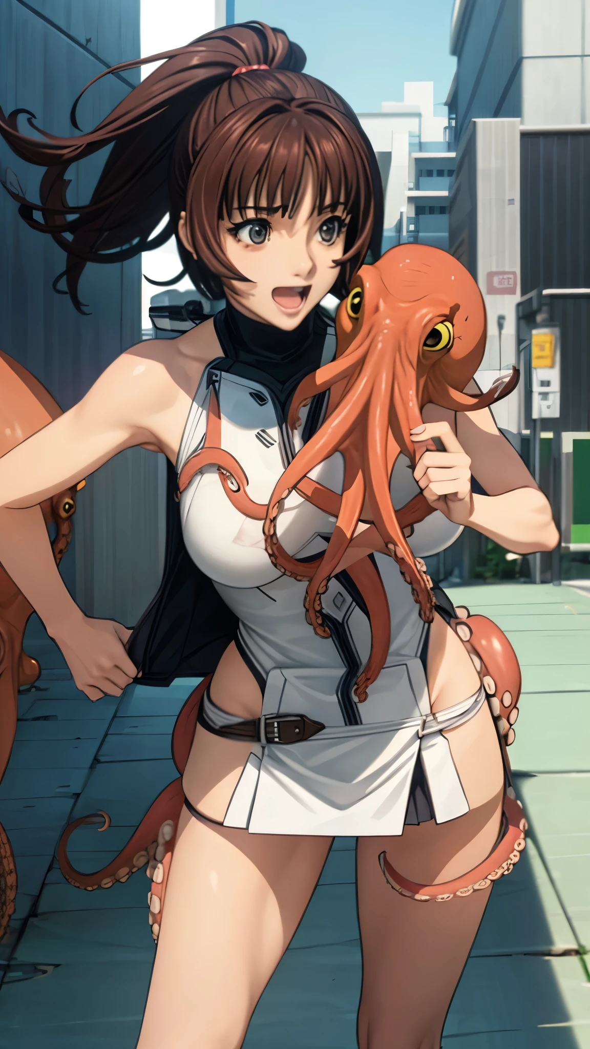 woman,20-year-old,,city,night,white tight miniskirt bodysuit,(Harada Makoto),open mouth smile,(((See-through)))(((octopus)))