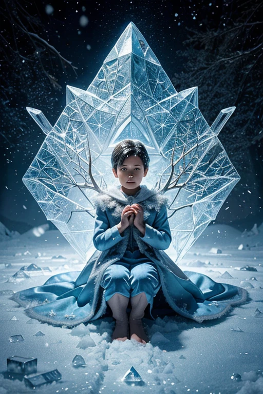 fairy tale illustration "The Snow Queen" .Boy Kai lays out a word from pieces of ice "Eternity"