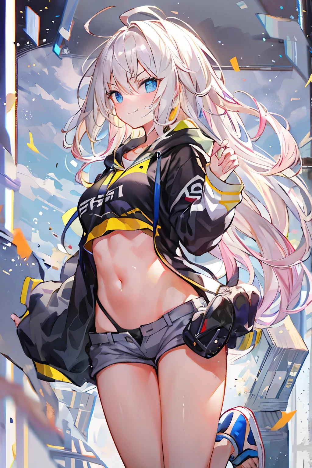 1man, mid shot, best detailed girl, looking back, Perfect body, woman, 20 years old, messy white long hair, flipped hair, shiny platinum blonde hair, floating hair, huge ahoge, smirk, v-shaped eyebrows, golden pupil, medium chest circumference, bright skin, oversized clothes, hoodie, short shorts, sandals, black Clothes, masterpiece, best masterpiece,