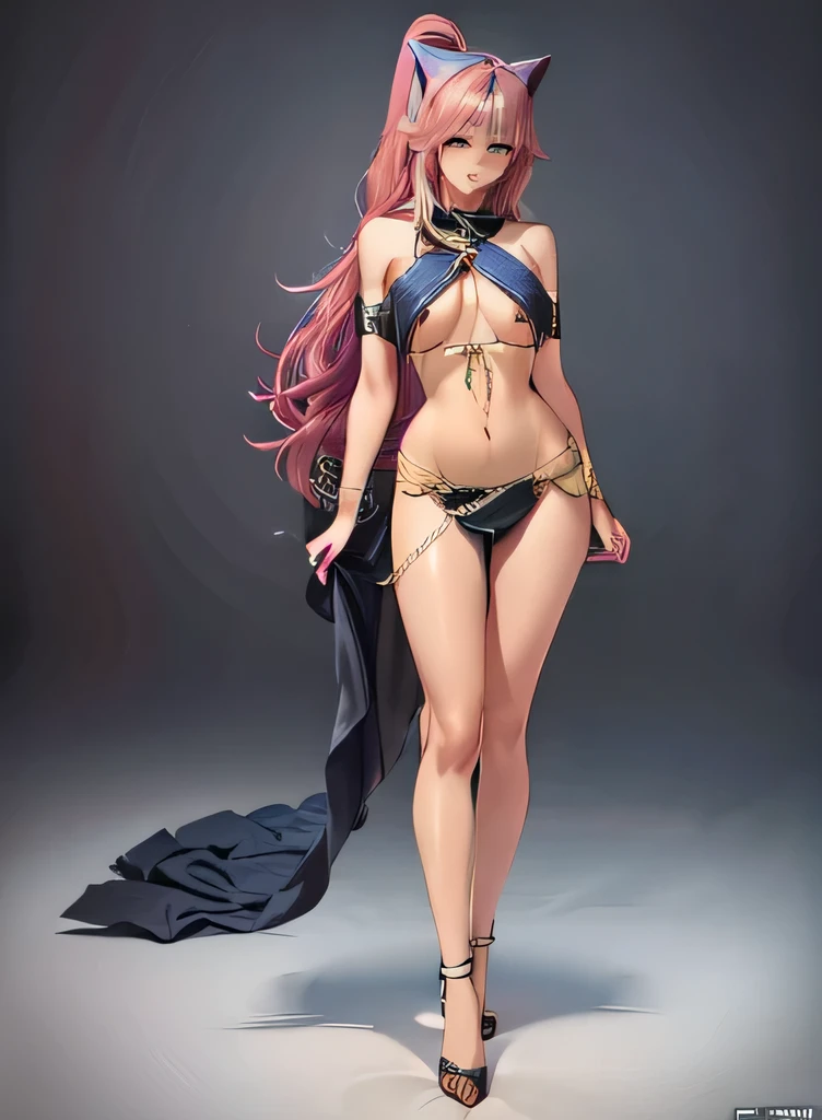 (NSFW:1.3), (masterpiece, highest quality, High definition 8K, beautiful girl ,Ultra HD, Super detailed, very detailed, very realistic, surreal, realistic pictures), (1 girl:1.5), (pink hair), (Dynamic pose for the camera)、skinny, small tits, thin abs, thin thighs, beautiful long legs, ((super long hair, Great curly hair, high ponytail)), navel-like expression、((full body portrait))、(Cute small and prominent nipples)、Wear many accessories、((detailed face、well-groomed face、big blue eyes、small nose、small red mouth))、((goddess))、((tattoo))、