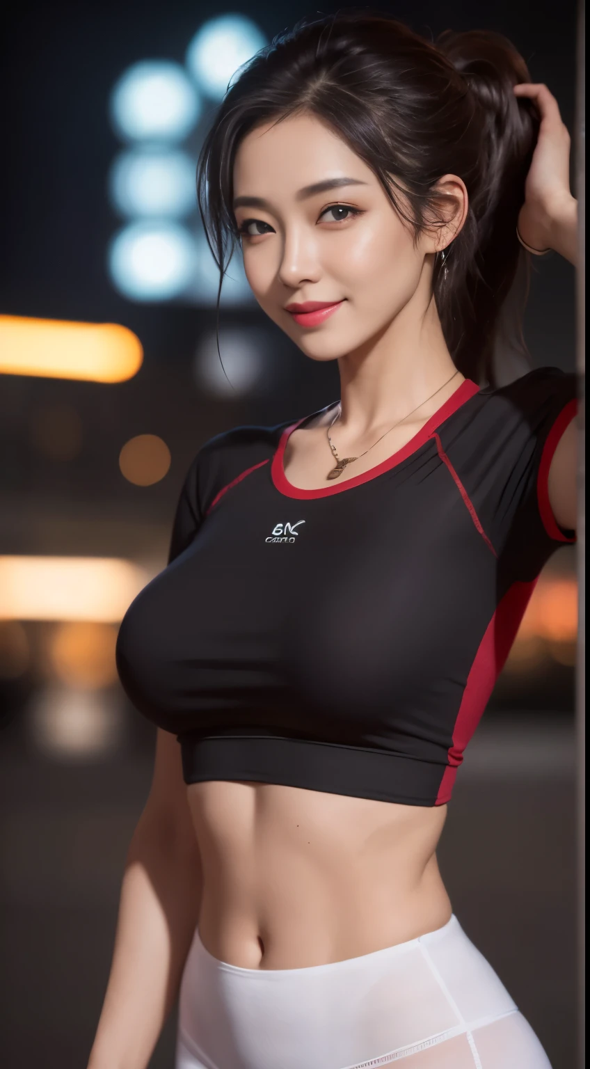 8k, masterpiece, RAW photo, best quality, photorealistic, extremely detailed CG unity 8k wallpaper, Depth of field, Cinematic Light, Lens Flare, Ray tracing, (extremely beautiful face, beautiful lips, beautiful eyes), intricate detail face, ((ultra detailed skin)) 1girl, full body, big breasts, in the dark, deep shadow, pretty korean girl, kpop idol,(very slim slender fit-muscled body), ((looking at viewer)),(big smile), (fashion city night, (neon sign), (blurry background), midnight, (vacant city), (without people in the background), pretty korean girl, white diamond earrings, dia bracelets, dia necklace, clear eyes, walking , front shot, (pale skin), face forward, (big eyes), ((upper body shot)), (baseball cap), ((red color leggings)), (camel toe,  shape), ((T-shirt, that say TURN BACK CRUME)), (ponytail) (looking at viewer), ((smile))