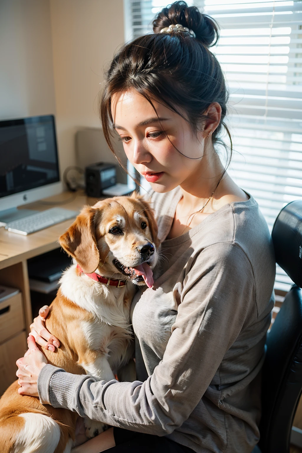 ((best quality)), ((masterpiece)), (detailed), Background in the office,Girl holding cute dog,Talking with a microphone in hand,long sleeve work,Hair tied up
