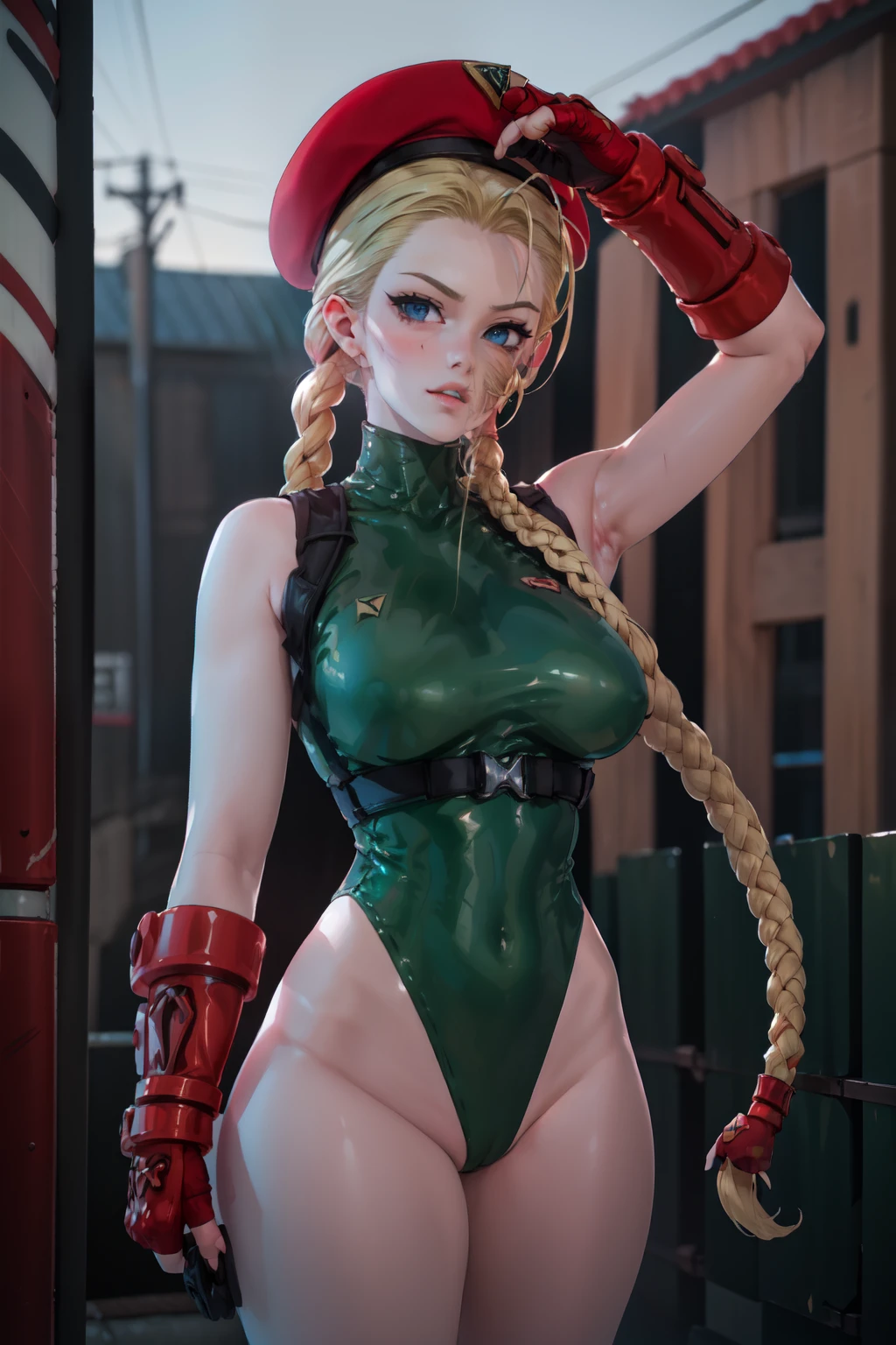 masterpiece, best quality, highres, 1girl, cammy white, twin braids, long hair, blonde hair, antenna hair, beret, (red headwear:1.3), blue eyes, scar on cheek, green leotard, large breasts, sleeveless, red gloves, fingerless gloves, camouflage, cowboy shot, standing, outdoors, arms at sides, straight-on,