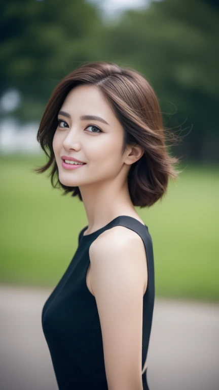 ((Angelina Sole)),((highest quality, 8K, masterpiece : 1.3)), sharp focus : 1.2, beautiful woman with perfect figure : 1.4, slim abs : 1.2, ((dark brown hair)), (Natural light, green : 1.1), Highly detailed face and skin texture, fine eyes, double eyelid、((professional makeup:1.3))、((sexy milf:1.3))、thick lips、lip gloss、eye make up、smile、hair blowing in the wind、black slim dress、((walking:1.3))