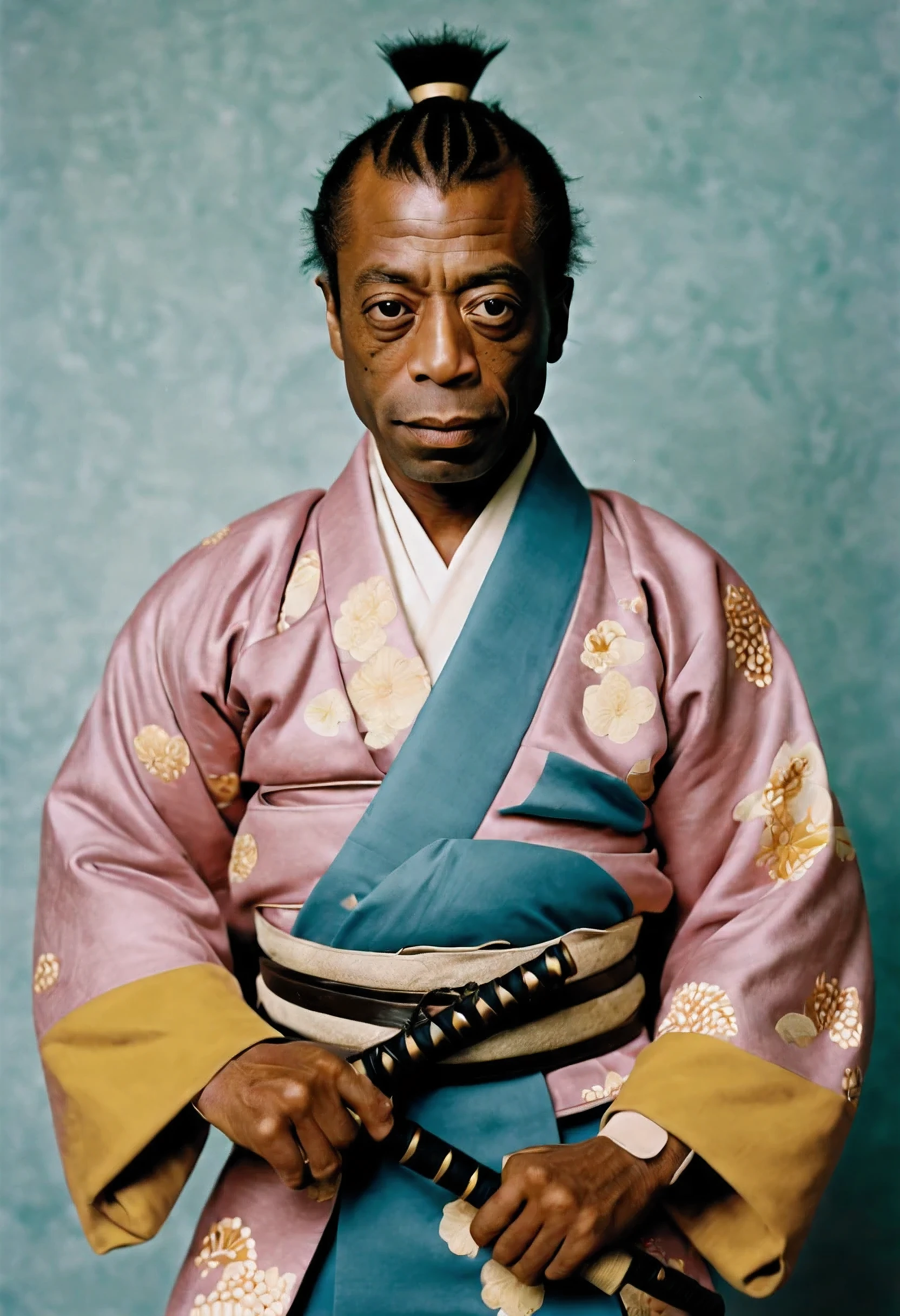 A photo of James Baldwin dressed as a Samurai, in the style of Wes Anderson, 1985, vintage, film grain, full body