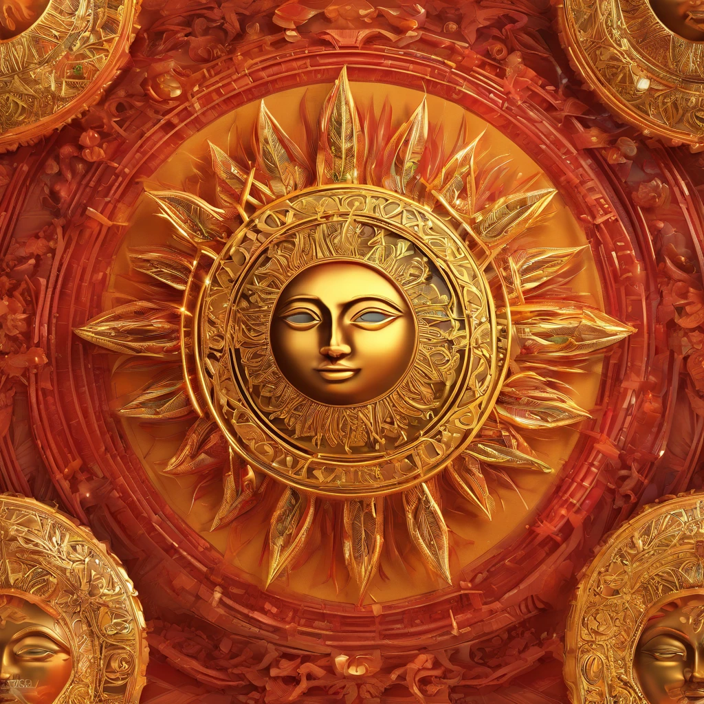 IP sun, Character, Slavic sun, Slavic ornament, Slavic runes, Slavic sun god, Bright eyes, cherub, red, firey, yellow, light blue, gold, clay, models, doll, sun head, Shiny and delicate,clean background, Good shine, 3D rendering,Best quality