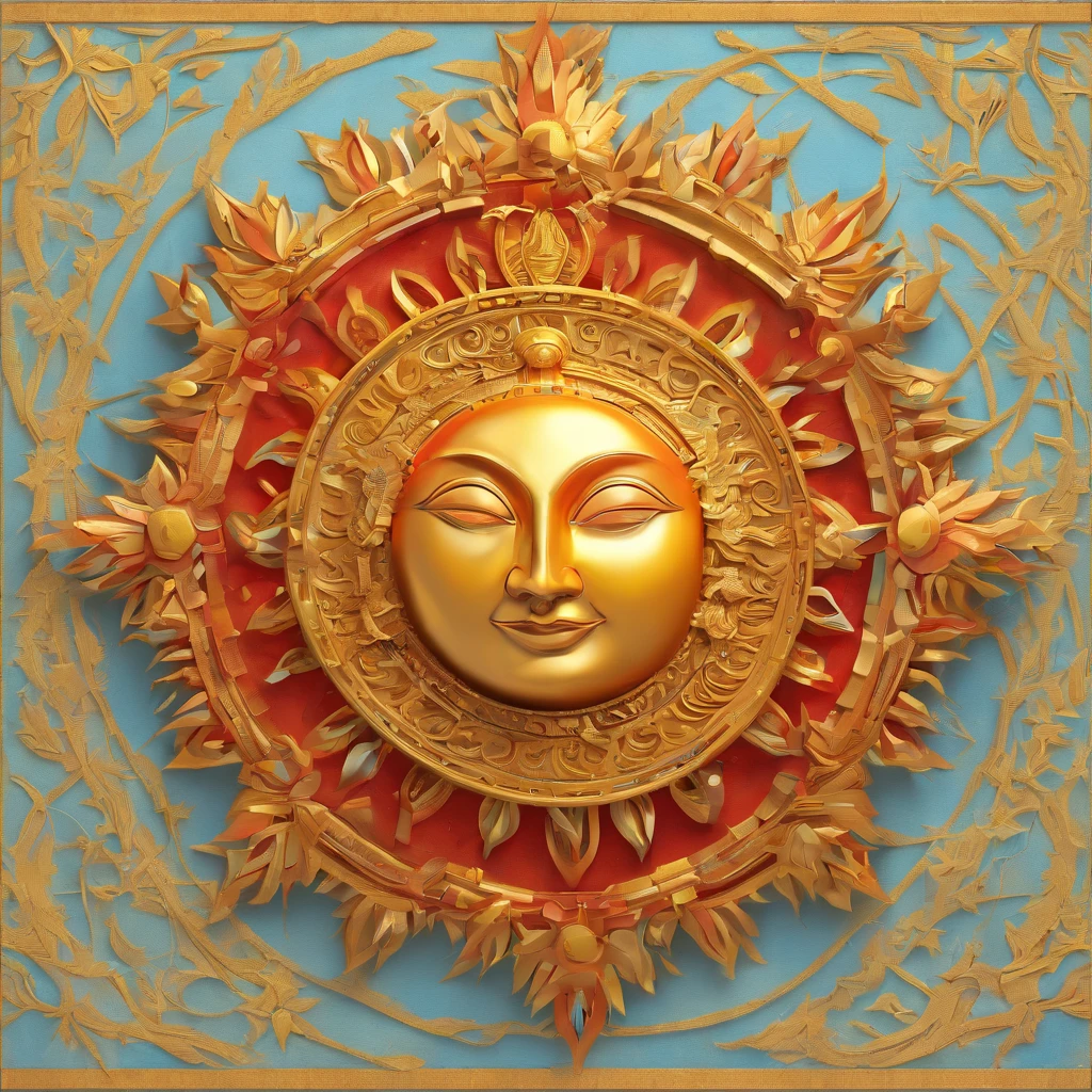 IP sun, Character, Slavic sun, Slavic ornament, Slavic runes, Slavic sun god, Bright eyes, cherub, red, firey, yellow, light blue, gold, clay, models, doll, sun head, Shiny and delicate,clean background, Good shine, 3D rendering,Best quality