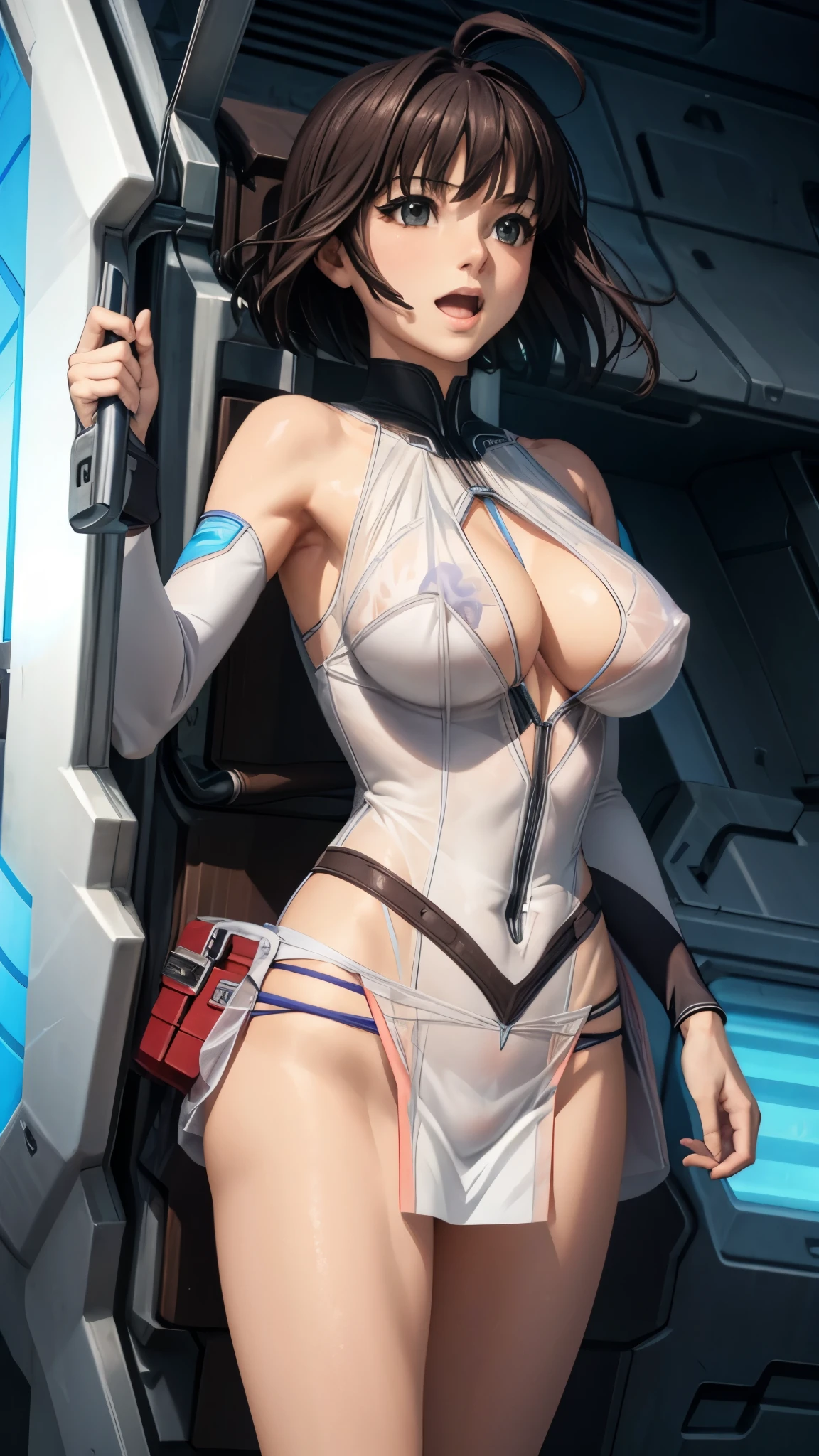 woman,20-year-old,,city,night,white tight miniskirt bodysuit,(Harada Makoto),open mouth smile,(((See-through)))