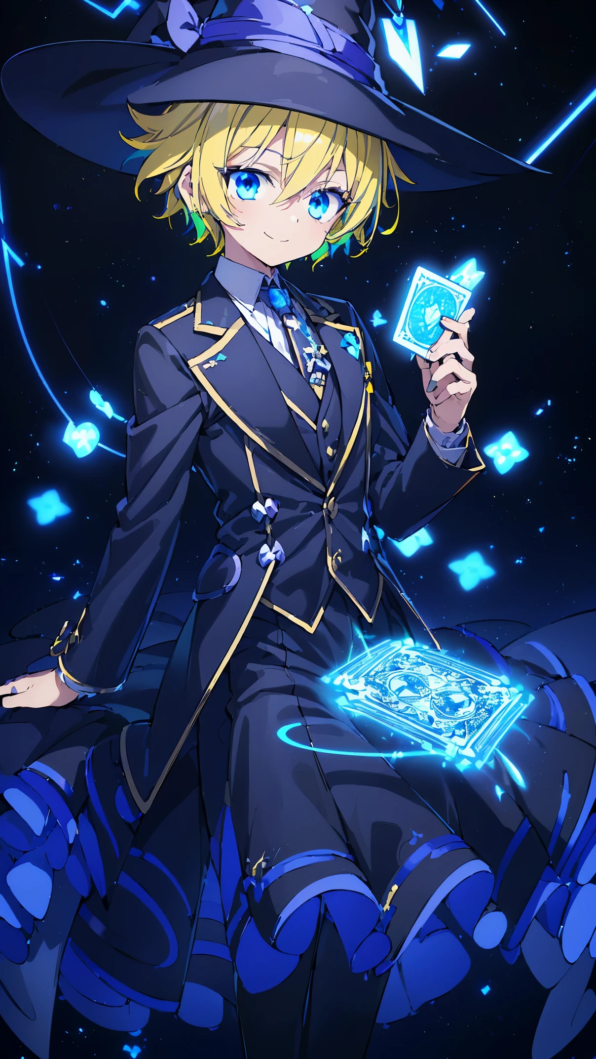 (Man 1,male, yellow hair, detailed blue eyes,smile, witch, playing cards, holding playing cards),(((A detailed classic suit with luminous neon lines)), highly detailed CG, unit, 8K wallpapers, highest quality, high resolution, beautiful lighting, realistic shadow,(future, detailed face and eyes Highly)