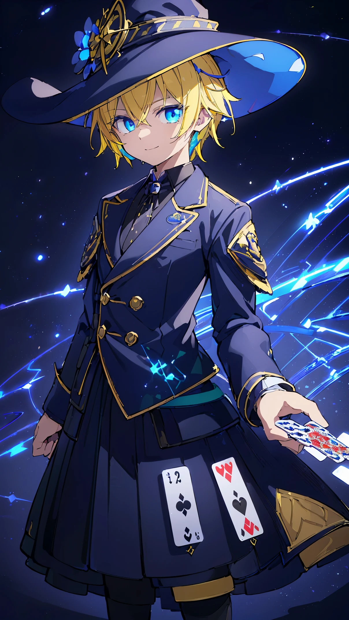 (Man 1,male, yellow hair, detailed blue eyes,smile, witch, playing cards, holding playing cards),(((A detailed classic suit with luminous neon lines)), highly detailed CG, unit, 8K wallpapers, highest quality, high resolution, beautiful lighting, realistic shadow,(future, detailed face and eyes  Highly)