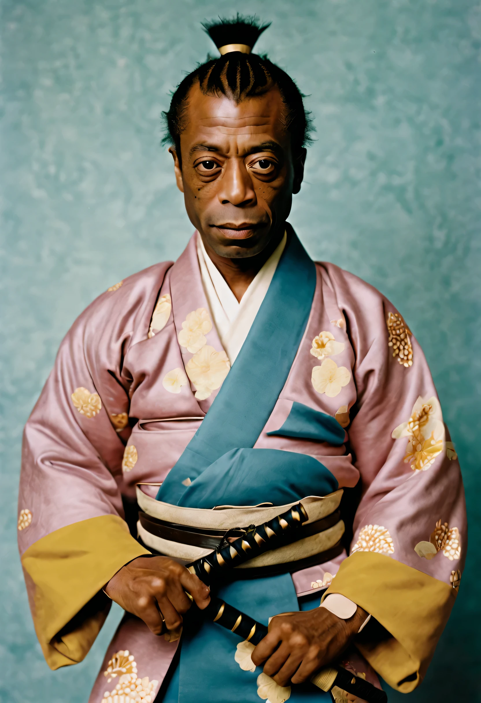 A photo of James Baldwin dressed as a Samurai, in the style of Wes Anderson, 1985, vintage, film grain, full body