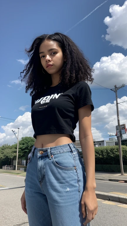 Black girl, look at viewer, curly hair, black t-shirt, baggy jeans, cloud, day, sky,outdoors, post-apocalypse, cars, , tree, sidewalk