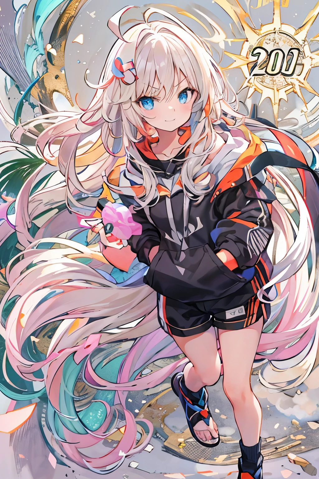 1man, mid shot, best detailed girl, looking back, Perfect body, woman, 20 years old, messy white long hair, flipped hair, shiny platinum blonde hair, floating hair, huge ahoge, smirk, v-shaped eyebrows, golden pupil, medium chest circumference, bright skin, oversized clothes, hoodie, short shorts, sandals, black Clothes, masterpiece, best masterpiece,