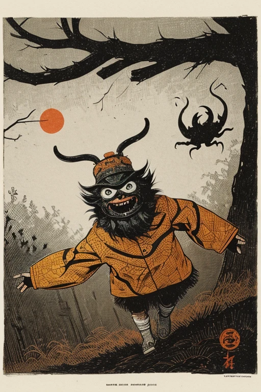 ((jumpscare)), Outline warm color, ((festival)), ((Chojugiga)), ((Shihon Bokuga)), antique, (anthropomorphism), (Sumi-e), Monochrome art, (Old paper style illustration), (hunting paintingural style, Little monster, old performance, variational pointillism, flat illustration, eerie, horror elements, eerie worldview, (primitive art), Outline warm color, old picture scroll style, old staging, Ancient mural style