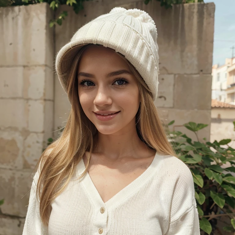 A 23-year-old blonde woman, ((pechos grandes)), ((hiperrealismo)) ,. blonde hair with light brown roots. cabello rubio, Hair with brown roots, cabello extra largo, cabello muy largo, Cabello muy largo, hermoso, perfil, Foto tomada de perfil con iPhone 15 pro, con fondo invernal, alta calidad, ojos verdes, labios carnosos, profundidad de campo, sonriendo, dientes perfectos, gorro de lana color blanco, chaqueta