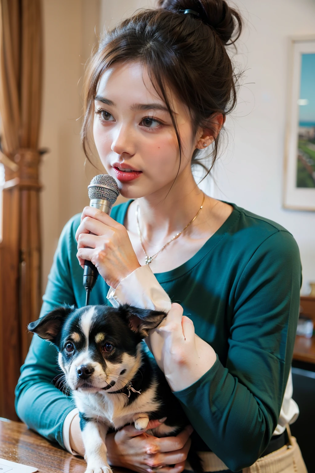((best quality)), ((masterpiece)), (detailed), Background in the office,Girl holding cute dog,Talking with a microphone in hand,long sleeve work,Hair tied up