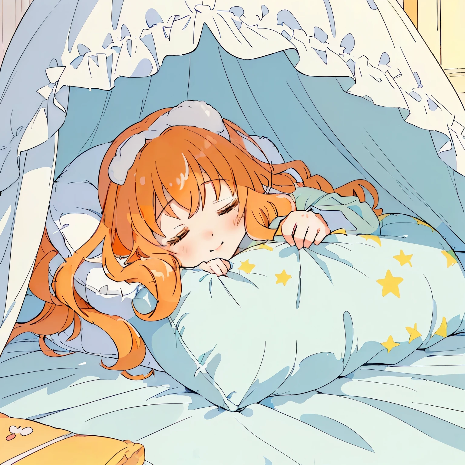 (Fluffy and sparkling bedroom),(bed with canopy:1.4),(sleeping with a blanket over:1.4),(A fluffy and warm blanket:1.3),blush,Chibi,cute,girl,Happy sleeping face,(Sleeping with your eyes closed:1.3),(A face sleeping with a smile on its lips:1.3),(close up of face:1.3),(Fluffy white and orange hair with a lot of hair:1.3),(Long curly hair with plenty of volume:1.3),(pajamas loungewear:1.2),(Going to bed:1.5),(♡:1.4),(sleep on your back:1.35),(light blue, white and yellow green:1.2),(happy dream:1.25)